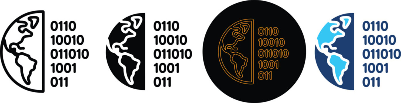 Set of Four Stylized Earth Icons With Binary Code Sequences