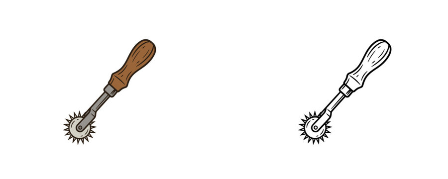 Cartoon stitching pricker illustrations in flat color and black line styles used for marking leather craft holes on a white background