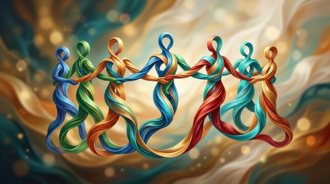 Protein Structure Illustration with Colorful Ribbon Helices on a Soft Background, Featuring Complex Molecular Geometry and Scientific Visualization