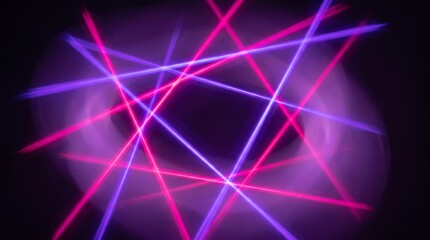 Fototapeta premium Abstract background featuring vibrant neon pink and electric violet laser lines crossing over dark space