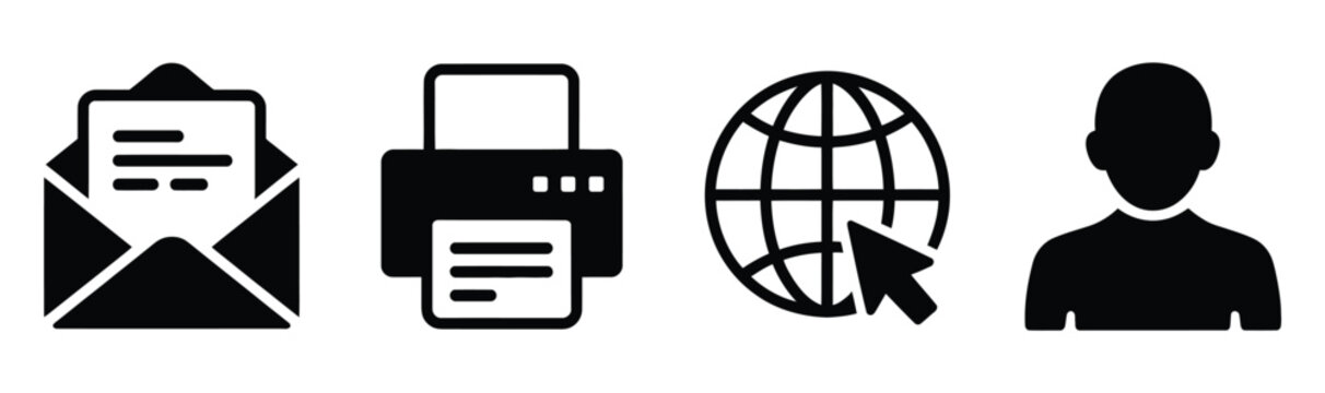 Communication contact icon set, black flat style vector featuring phone, email, printer, website, user avatar, chat bubble symbols, corporate communication interface elements.