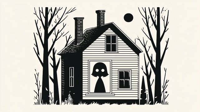 A ghost girl in a house window. Halloween-themed illustrations, graphics, and comics.