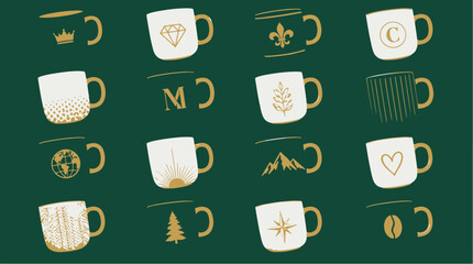 Golden symbols adorn various coffee mugs. © khozin