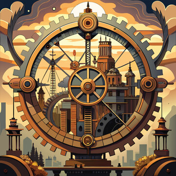 Steampunk cityscape, industrial gear mechanism, futuristic metropolis, sci-fi architecture