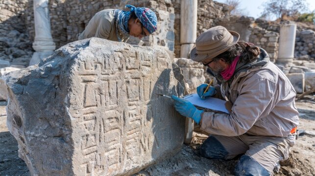 Team Documenting and Cleaning Ancient Inscriptions During Conservation Efforts at Historical Site