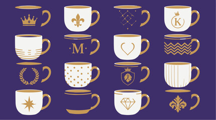 Collection of luxury coffee cups with various gold designs. © khozin