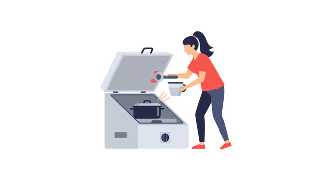 Woman retrieving freshly printed documents from large machine.