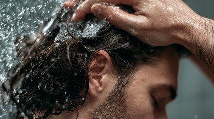 Naklejka premium Gentle Scalp Massaging with Fingertips During Shower for Relaxing and Refreshing Hair Care Routine