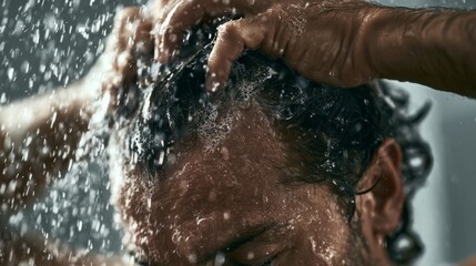 Fototapeta premium Man Gently Massaging Scalp with Fingertips During Relaxing Shower, Water Splashing, Close-Up Focus on Hair and Hands