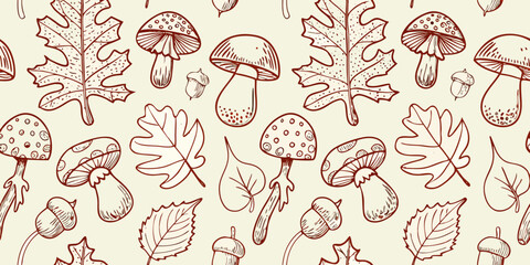 Mushroom leaf and acorn pattern hand drawn style on a cream background © Promit