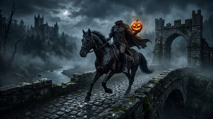 Fototapeta premium Headless horseman riding at night carrying a glowing pumpkin lantern across an ancient stone bridge