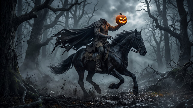 Hooded rider with a pumpkin head, galloping through a dark forest at night