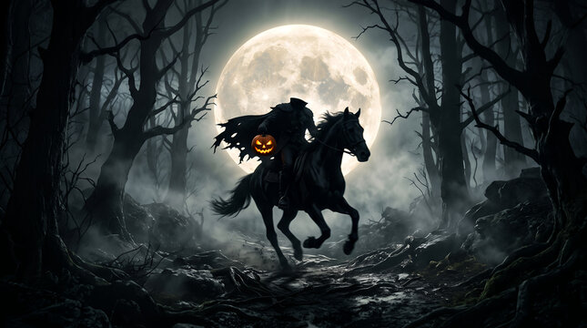 Silhouette of a rider with a pumpkin head in a dark forest under a full moon