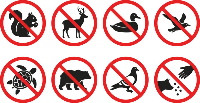 No Feeding Wildlife Prohibition Sign Set with No Squirrel, No Deer, No Duck, No Bird, No Turtle, No Bear, and No Pigeon Symbols for Nature Reserve and Park Notices