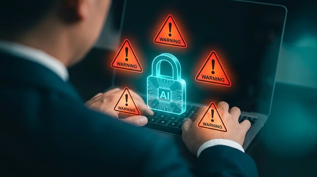 Digital security threat detected by artificial intelligence system with warning signs flashing around a glowing padlock symbolizing data protection concerns and cybercrime risk alerts.