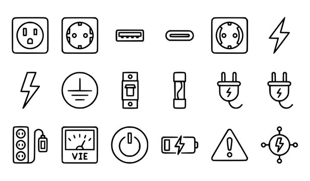 Electricity and Power Line Art Icon Set with Socket, Plug, Switch, Lightning, Battery, and Electrical Symbols for Technology, Engineering, and Energy Design Projects