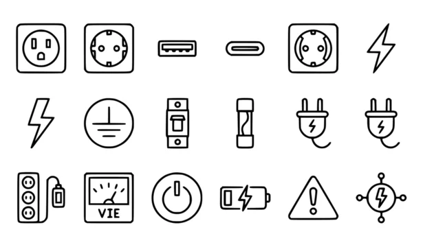 Electricity and Power Line Art Icon Set with Socket, Plug, Switch, Lightning, Battery, and Electrical Symbols for Technology, Engineering, and Energy Design Projects