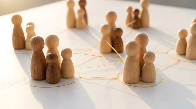 Diverse group of wooden figures connected by gold threads showing strong relationships and interconnectedness in a social network or business structure.