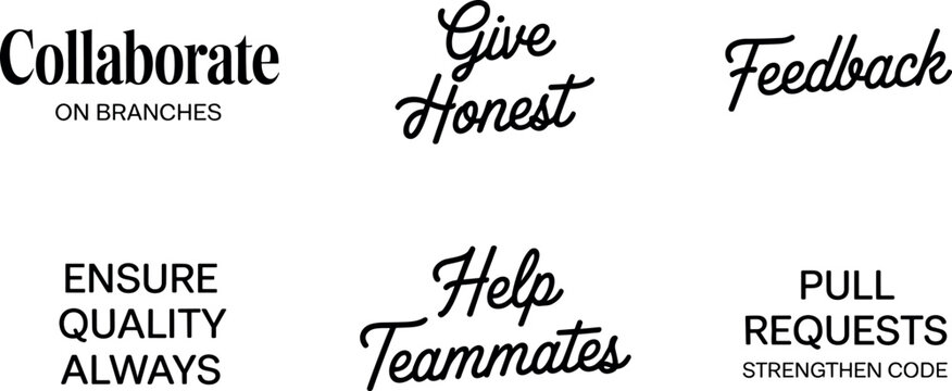 Software development workflow typography stickers set featuring collaboration quality pull requests team feedback and coding phrases vector lettering (18 words)