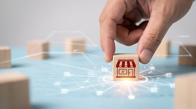Man placing wooden block with store icon, connecting to network of franchise businesses, representing expansion, growth, and strategic business development on a light blue surface.