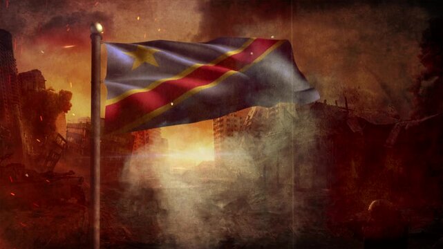 Congo Democratic Republic of the Flag with Cinematic Apocalypse Scene and Burning City