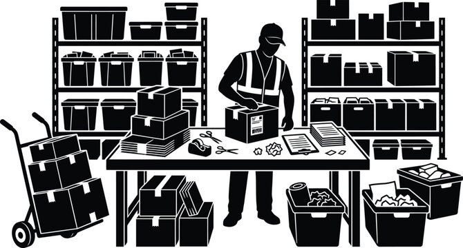 Warehouse worker packing boxes in industrial setting