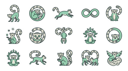 Lemur icons with long tails forming decorative shapes. © Talefi