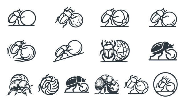Line art icons of dung beetles pushing spheres.