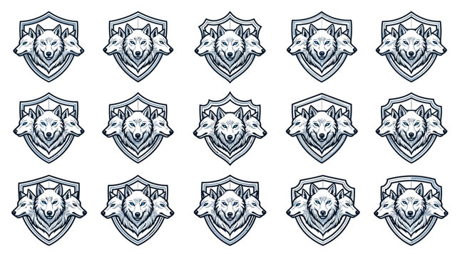 Linear wolf head crests and mascot badges.