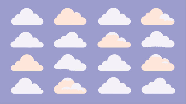 Collection of various white and beige cartoon clouds on purple.