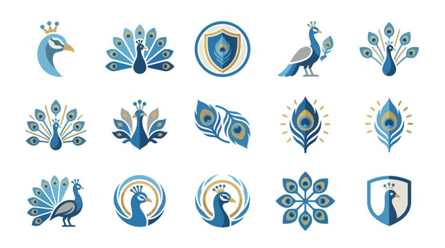 Minimalist blue peacock logo and shield set.