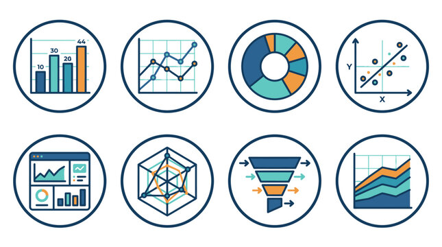 Data Analysis and Business Intelligence Icon Set - Vector Infographic Elements for Marketing, Statistics, and Financial Reporting