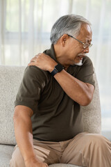 Obraz premium Senior man shoulder pain health discomfort elderly adult sitting sofa at home wearing eyeglass and smartwatch with worried expression Vertical