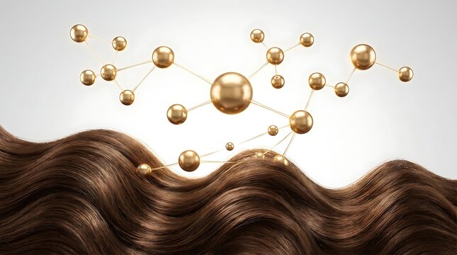 Golden molecular structure representing science and biotechnology with wavy brown hair, abstract concept of hair care and health, shining particles on white background.