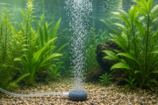 Aquarium air stone releasing silver bubbles in clear water.