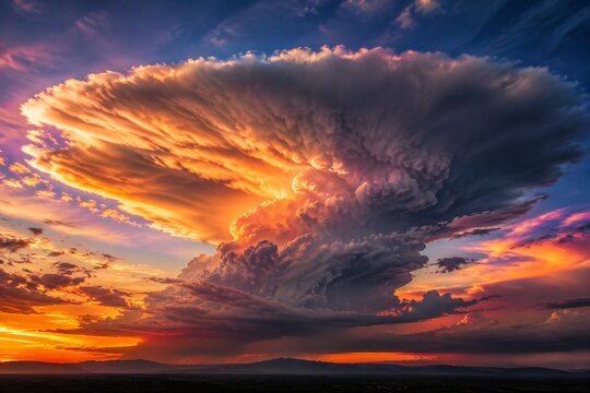 Massive anvil-shaped thunderstorm cloud formation at sunset, dramatic sky.