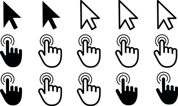 Computer mouse arrow cursor and hand pointer clicking icons set isolated on a white background vector