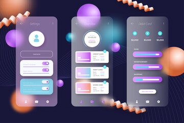 Fototapeta premium Mobile app UI templates, purple and orange gradient screens, vector smartphone interfaces, modern app design elements