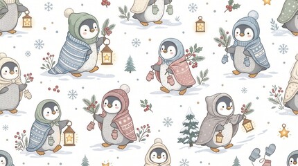 Fototapeta premium Whimsical cartoon penguins walk in snow, holding lanterns and holly sprigs