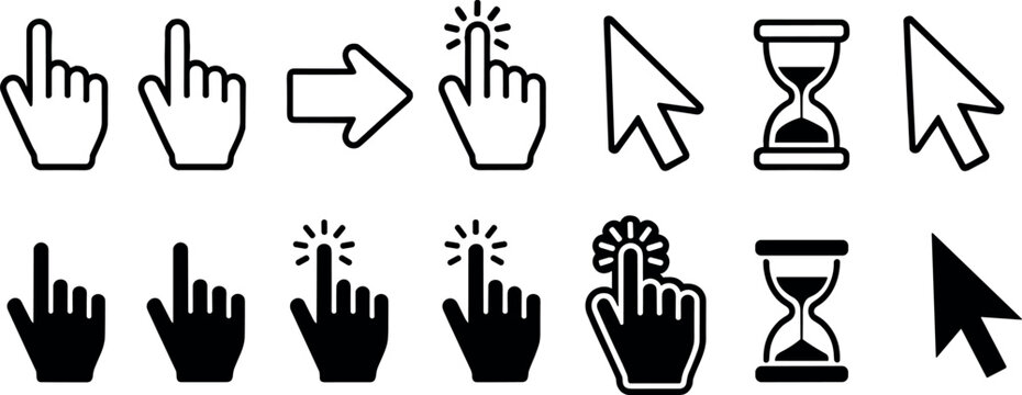 Computer mouse arrow cursor hand pointer and hourglass waiting icons collection isolated on white background vector