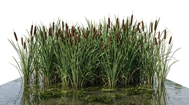 A cluster of cattails growing in shallow water, their tall brown seed heads rising above the lush green reeds