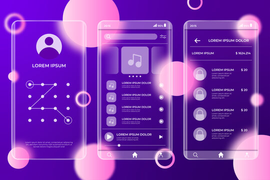 Mobile app UI templates, purple neon screens, smartphone interface elements, vector graphics