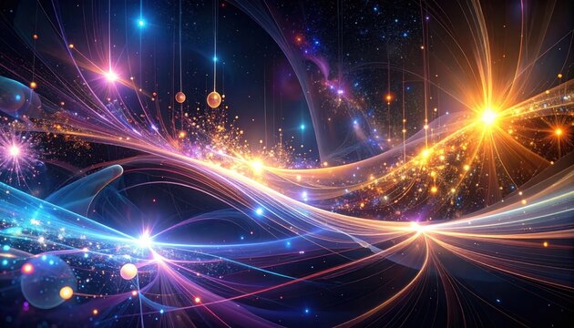 Abstract digital artwork, luminous streams of light, radiant colors, celestial and cosmic elements