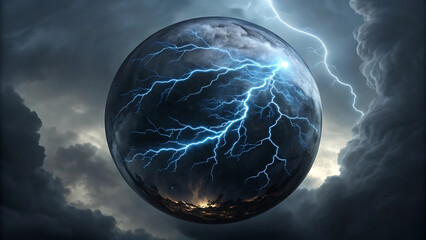 Fototapeta na wymiar Dark planet with blue lightning storm clouds