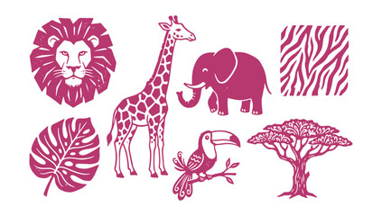 Fototapeta premium Modern safari animals and tropical plants vector collection in trendy linocut silhouette style.