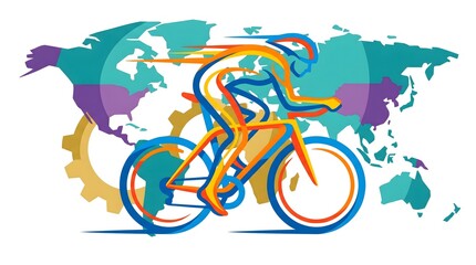 Obraz premium Vibrant stylized vector illustration depicts a dynamic cyclist in full motion with speed lines, symbolizing global connectivity and competitive drive for commercial use.