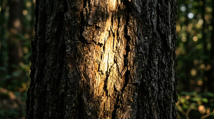 Obraz premium Close up detailed texture of ancient tree bark with sunlight and moss in forest setting