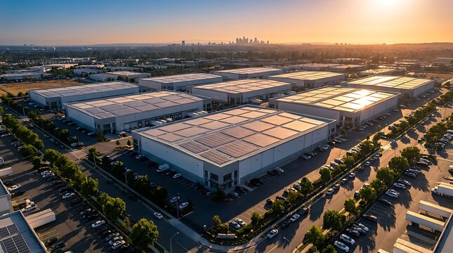 Modern industrial park with multiple warehouses and large parking lots under golden sunset sky with distant city skyline in background.