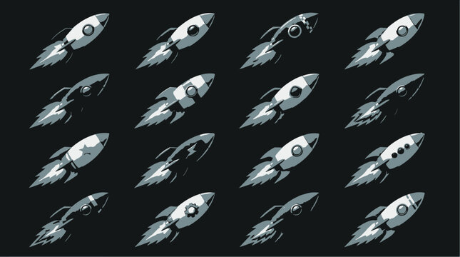 Multiple silver rockets flying in various directions.