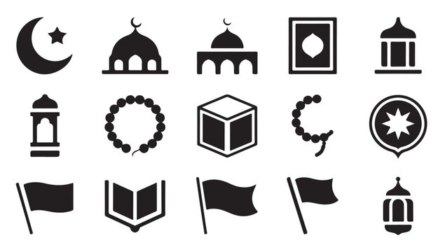 Muslim festival icon set with kaaba flags and decorative lanterns for ramadan celebration.